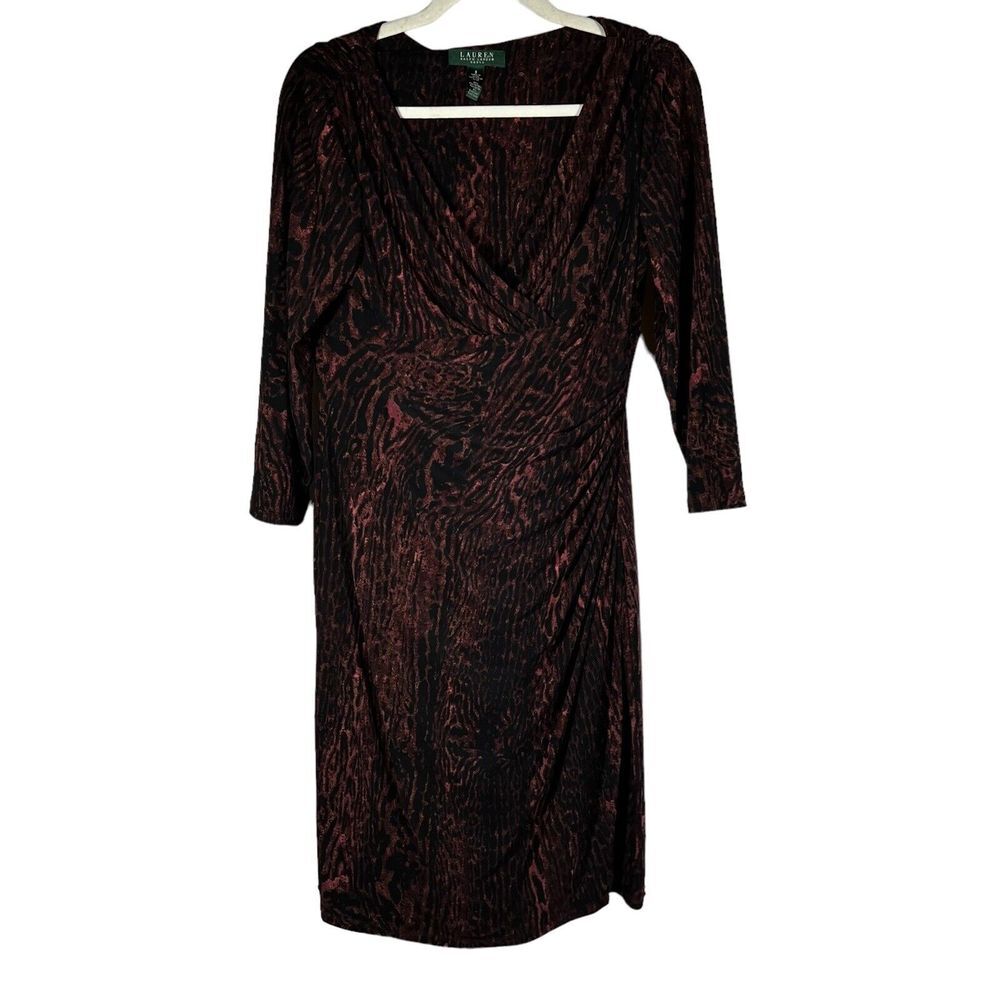 Lauren Ralph Lauren dress women's sz‎ 8 Bodycon Black Maroon Animal Print Ruched